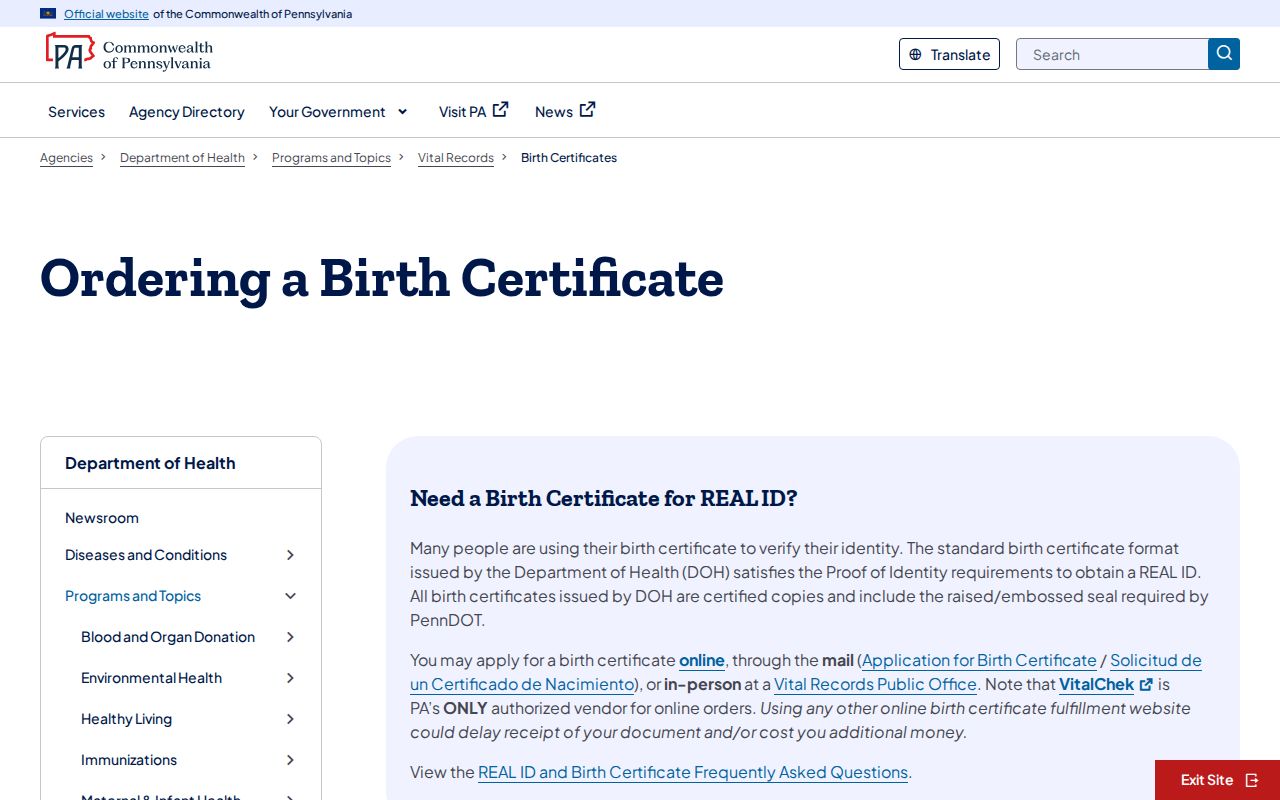 Cranberry Township resident lookup Pennsylvania birth certificate eligibility screen