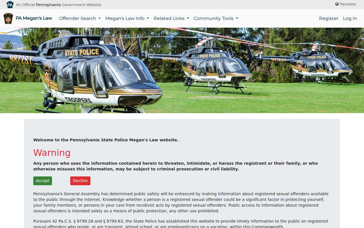 Cranberry Township resident lookup Pennsylvania State Police registry screen