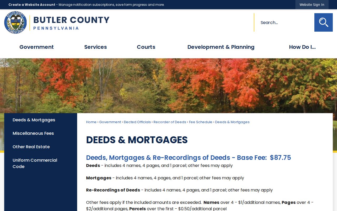 Cranberry Township street directory Butler County deed and mortgage fee page