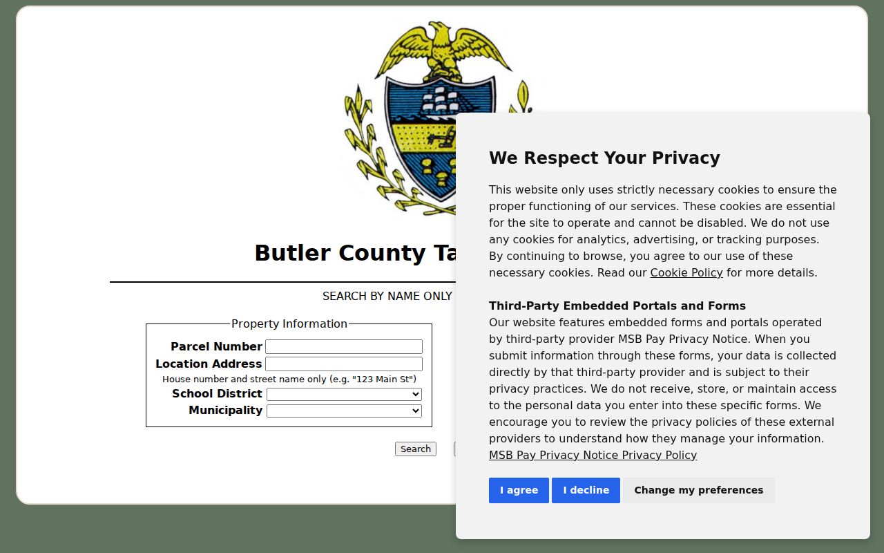 Cranberry Township ZIP code Butler County delinquent-tax search fields